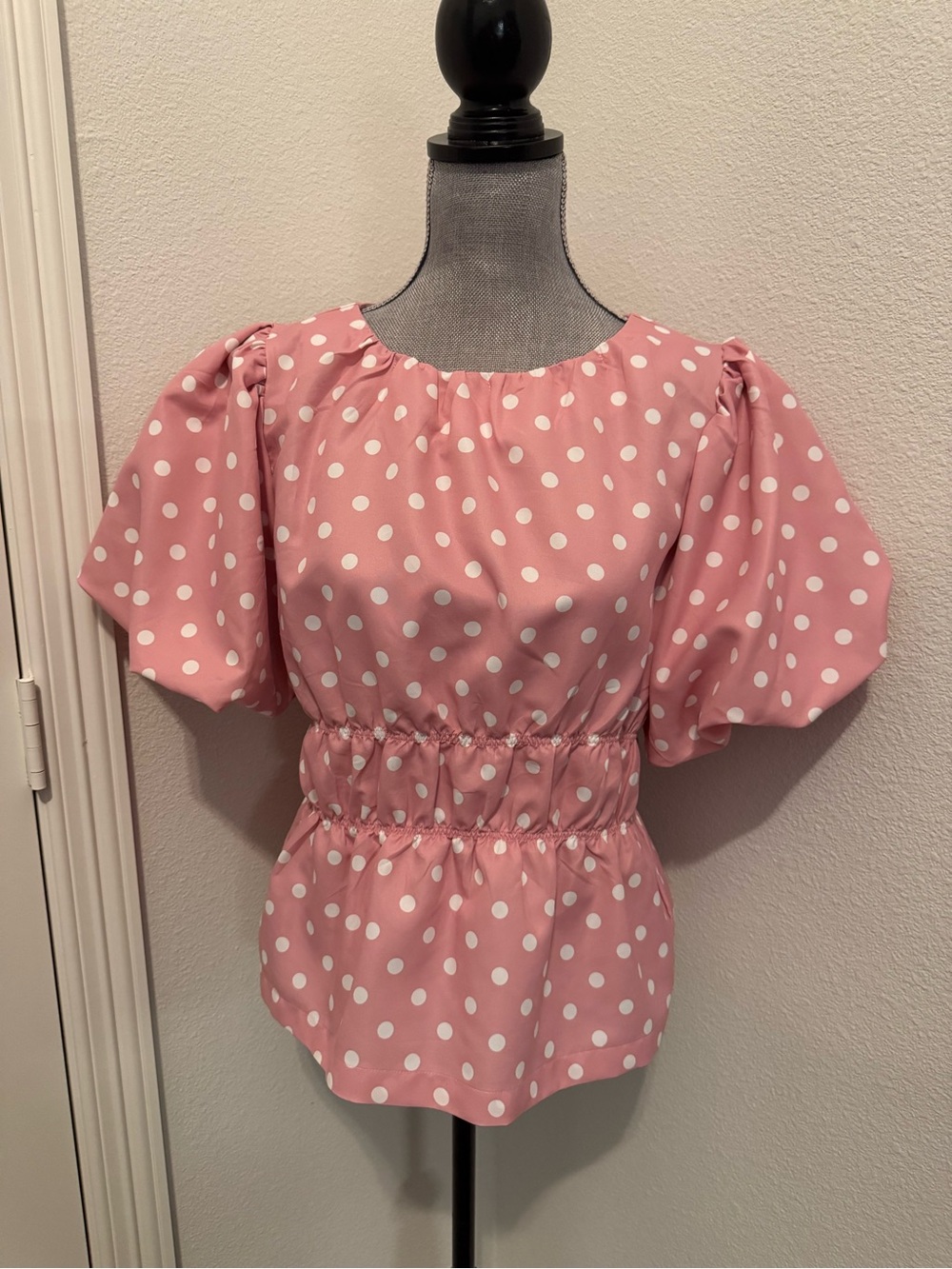 Women's Pink Polka Dot Puff Sleeve Blouse with Smocked Waist